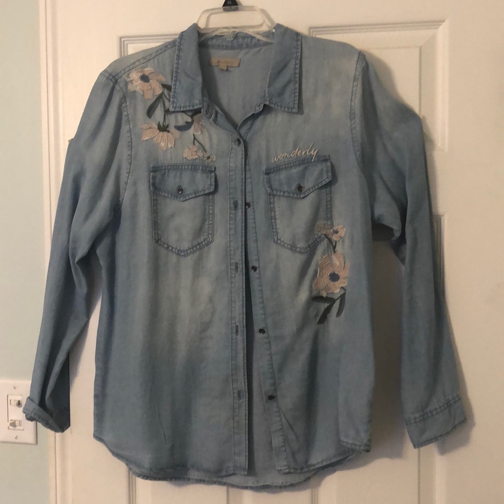 Floral Denim Button-Up Top, Wonderly, Size XL